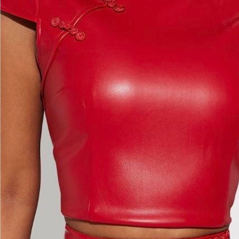 Fashion Nova Red Faux Leather Crop Top with Knot Buttons